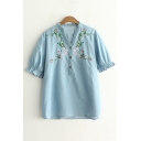 Chic Floral Embroidered V Neck Buttons Down Short Sleeve Chambray Top
