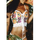 Leisure Spaghetti Straps Embroidery Floral Lace Up Front Cropped Cami Tank