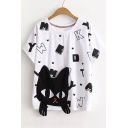 Lovely Cartoon Cat Printed Round Neck Short Sleeve Loose Leisure T-Shirt