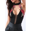 Sexy Halter Ladder Cutout Front Open Back Embroidery Floral Appliqued Bodysuit