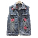 Retro Floral Embroidered Lapel Collar Sleeveless Ripped Denim Vest
