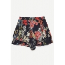 Chic Floral Printed High Waist Layered Casual Loose Culottes Shorts