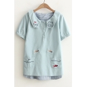 Cat Fish Embroidered Short Sleeve Peter Pan Collar Casual Leisure Pullover Blouse