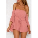 New Arrival Plain Off The Shoulder Flared Sleeve Loose Beach Rompers