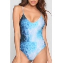 Chic Water Wave Color Block Printed Spaghetti Straps Cutout Sides One-Piece Swimwear