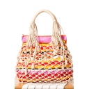 New Fashion Color Block Holiday Beach Handcraft Knitting Handbag