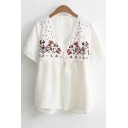Chic Floral Embroidered V Neck Short Sleeve Casual Leisure Pullover Blouse