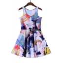 Scoop Neck Sleeveless Oil Painting Character Printed Mini A-Line Dress
