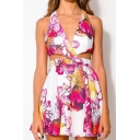 Chic Floral Printed Plunge Neck Sleeveless Cut Out Waist Zip Back Mini A-Line Dress