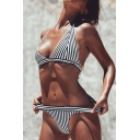 Hot Fashion Classic Striped Printed Halter Neck Open Back Bikini Swimwear