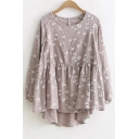 Floral Printed Round Neck Long Sleeve Casual Leisure High Low Hem Pullover Blouse