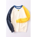 Color Block Long Sleeve Round Neck Embroidery Pattern Pullover Sweatshirt