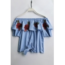 New Arrival Embroidery Floral Ruffle Front Off the Shoulder Short Sleeve Tied Hem Blouse
