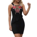 Chic Floral Embroidered Straps Sleeveless Mini Bodycon Dress