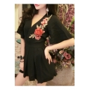 Chic Floral Embroidered Plunge Neck Flared Sleeve Mini A-Line Dress