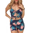 Summer's Fresh Pineapple Pattern Spaghetti Straps Cut Out Waist Rompers