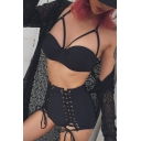 Women's Straps Halter Top Lace Up High Waist Plain Swimwear Sets