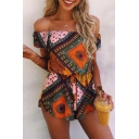 New Arrival Off The Shoulder Short Sleeve Tribal Printed Rompers