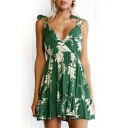 New Arrival Sexy Open Back Bow Straps Boho Style Floral Printed Mini A-Line Dress