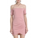 Hot Fashion Simple Plain Off The Shoulder Short Sleeve Mini Bodycon Dress