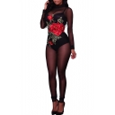 Chic Floral Embroidered Sheer Mesh Round Neck Long Sleeve Fitted Jumpsuits