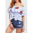 Sexy Women's Off the Shoulder Embroidery Floral Ruffle Front Striped Short Sleeve Blouse