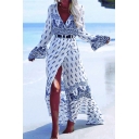 Holiday Beach Plunge Neck Long Sleeve Maxi Split Wrap Dress