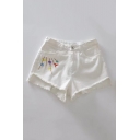Chic Floral Embroidered Side Raw Edge Summer's Denim Shorts