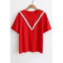 New Fashion V Lace Trim Round Neck Short Sleeve Casual Loose T-Shirt