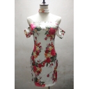 Women's Choker Off the Shoulder Short Sleeve Floral Printed Mini Bodycon Dress