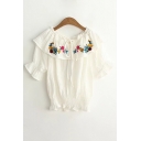 Boat Neck Short Sleeve Chic Floral Embroidered Ruffle Hem Pullover Blouse