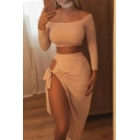 Sexy Off The Shoulder Long Sleeve Plain Cropped Top with Slit Maxi Skirt