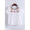 Floral Embroidered Layered Patched Round Neck Short Sleeve Pullover Blouse