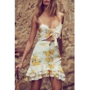 Fashion Bow Front Spaghetti Straps Cropped Cami with Ruffle Asymmetric Skirt Fruit Printed Co-Ords