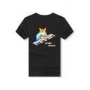 Lovely Cartoon Cat Playing Piano Printed Short Sleeve Round Neck Graphic Tee