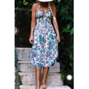 Hot Fashion Floral Printed Halter Neck Sleeveless Midi A-Line Cami Dress