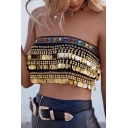 Women's Sexy Strapless Sleeveless Sequined Tied Back Cropped Bandeau