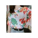 Summer's Holiday Foliage Printed Round Neck Loose Leisure Pullover T-Shirt