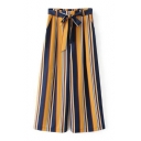 Fashion Color Block Stripe Printed Tied Waist Loose Wide Legs Culottes Pants