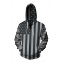 New Fashion American Flag Printed Long Sleeve Zip Up Hoodie with Pockets