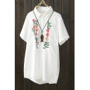 Basic Simple Floral Embroidered Short Sleeve Lapel Collar Buttons Down Shirt