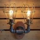 Industrial Loft Vintage Double Light Wall Sconce with Black Wire Cage, Downlighting