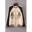 Fashion Embroidery Tiger Pattern Contrast Long Sleeve Zip Up Baseball Jacket