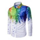Fashion 3D Splash-Ink Printed Lapel Collar Long Sleeve Buttons Down Shirt