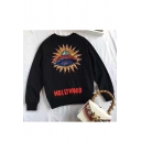 Chic Sequined Spaceship Embroidered Round Neck Long Sleeve Pullover Sweatshirt