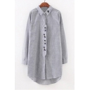 Lovely Cartoon Embroidered Lapel Collar Long Sleeve Tunic Buttons Down Shirt