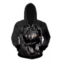 New Fashion 3D Wolf Printed Long Sleeve Casual Zip Up Hoodie