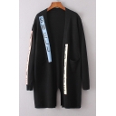 Letter Printed Color Block Open Front Long Sleeve Longline Cardigan