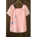 New Fashion Square Neck Short Sleeve Simple Floral Print Linen Pullover Blouse