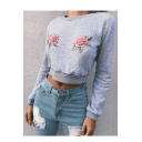 Fashion Symmetrical Floral Embroidered Round Neck Long Sleeve Cropped Sweatshirt